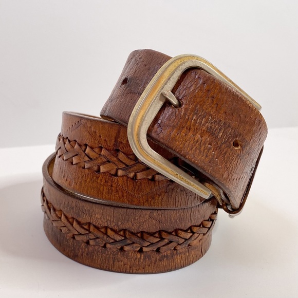 Vintage Tooled Brown Leather Belt Sz 38 Braided Western Boho Distressed Patina - Picture 2 of 12